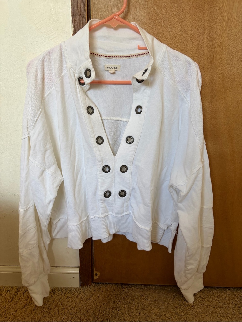 Pilcro/Anthropologie White Button-Accent Pullover Sweatshirt